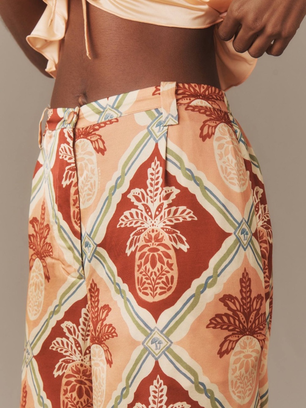 Farm Rio x Anthropologie Pineapple Satin Wide-Leg Pants Women’s L - Picture 10 of 15